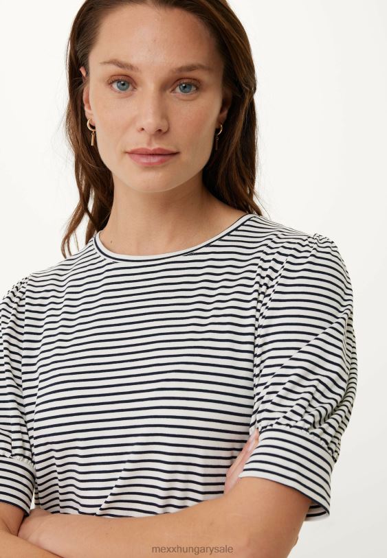 XV8H610 nők Mexx csíkos puff ujjú póló sötétkék kék