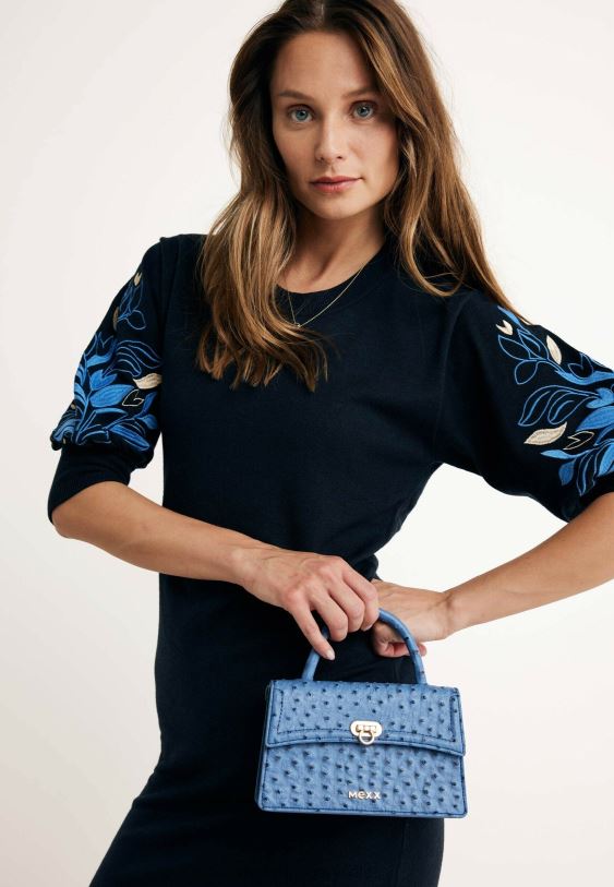 XV8H6101 nők Mexx kötött ruha hímzett ujjú sötétkék kék