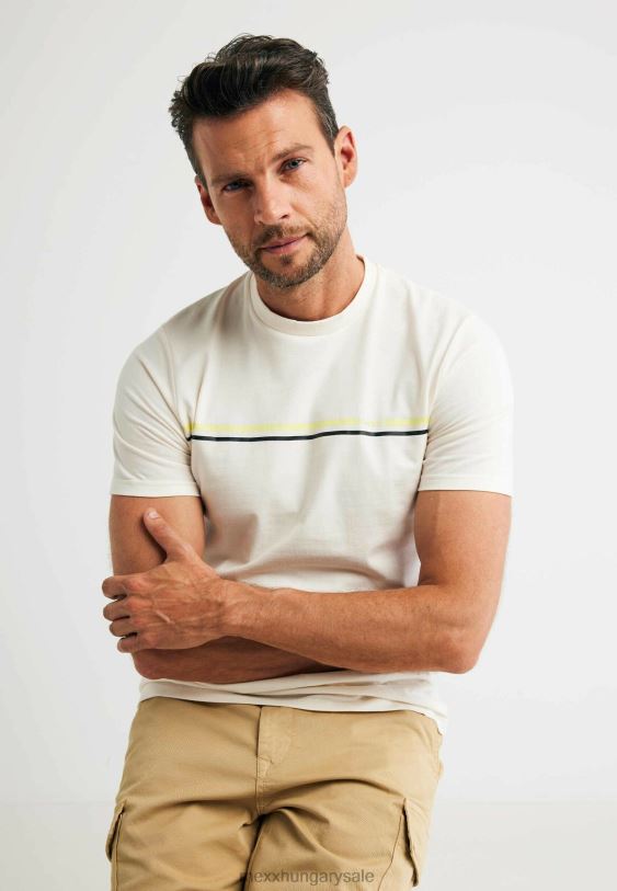 XV8H6473 férfiak Mexx rövid ujjú póló csíkos mellkasmintás törtfehér bézs